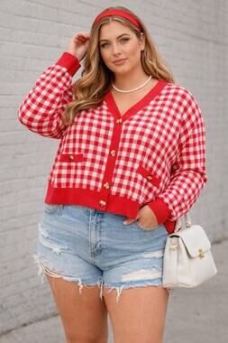Ellandemm Red Gingham Cottage Core Button Up Cardigan XL